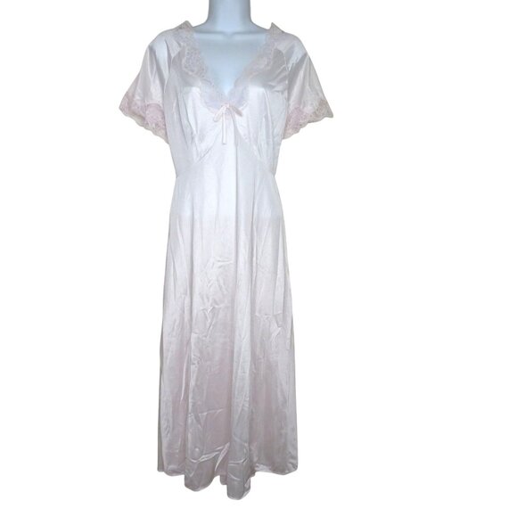Vintage Light Pink Nylon Nightgown: Lace Trim, Tie Back (Size L) - Picture 2 of 13